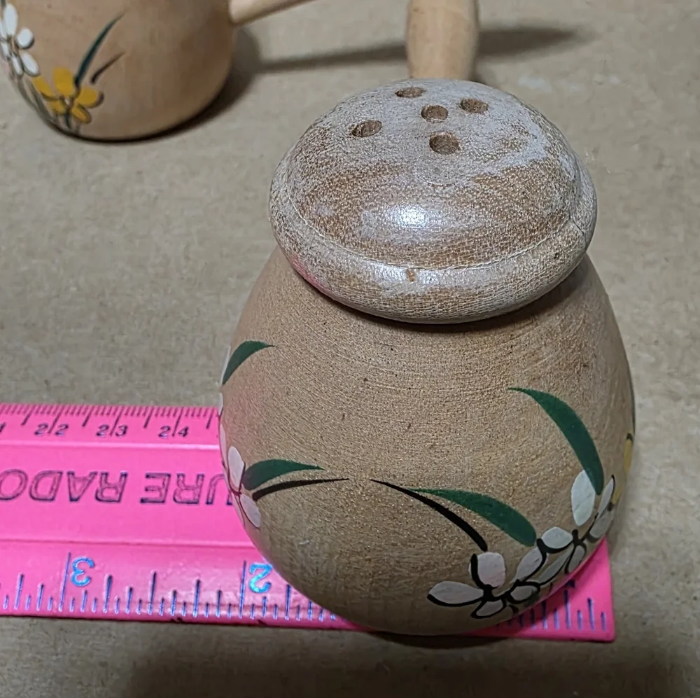 Wooden Handled Salt Pepper Shaker Set Hand Painted Floral #161